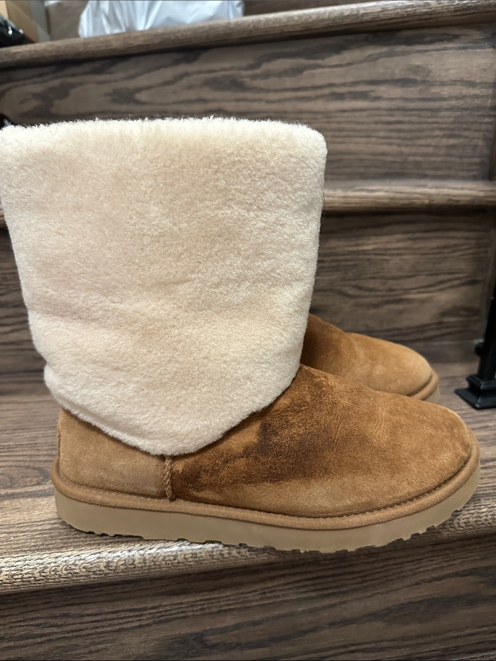 UGG Classic Short II Sherpa Cuff Chestnut Suede & Cream Shearling Boots